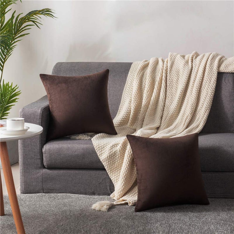 DEZENE Throw Pillow Covers 16x16 Chocolate Brown: Pack of 2 Cozy Soft Velvet Square Modern Luxury Decorative Throw Pillow Cases for Sofa Couch Living Room Bed Home Decor - Image 4
